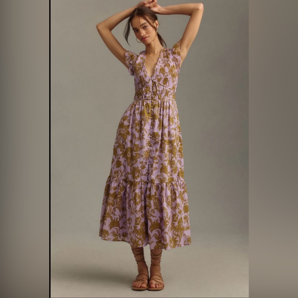 Anthropologie Purple And Brown Floral Maxi Dress